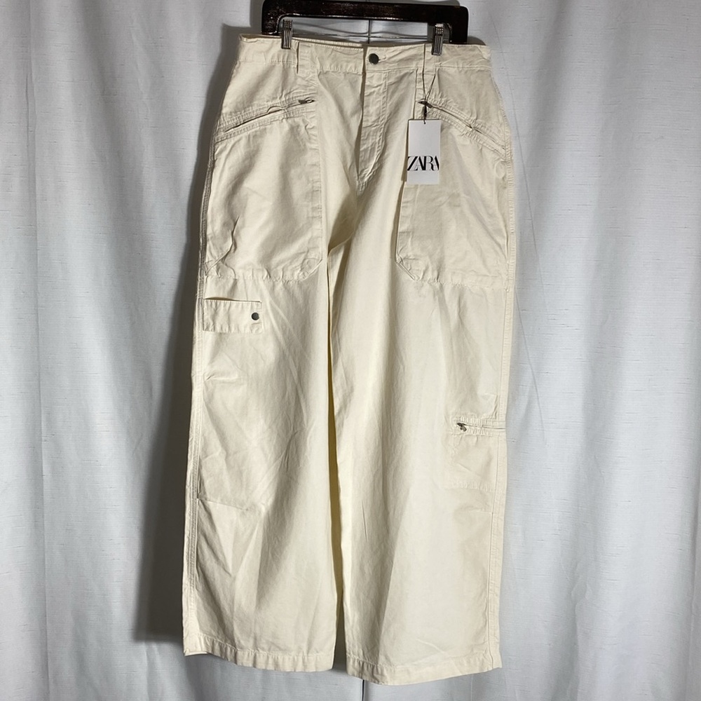 Zara The Relaxed Utility Pants In ECRU  Signature Denium  Cargo Size 14 - Picture 3 of 15